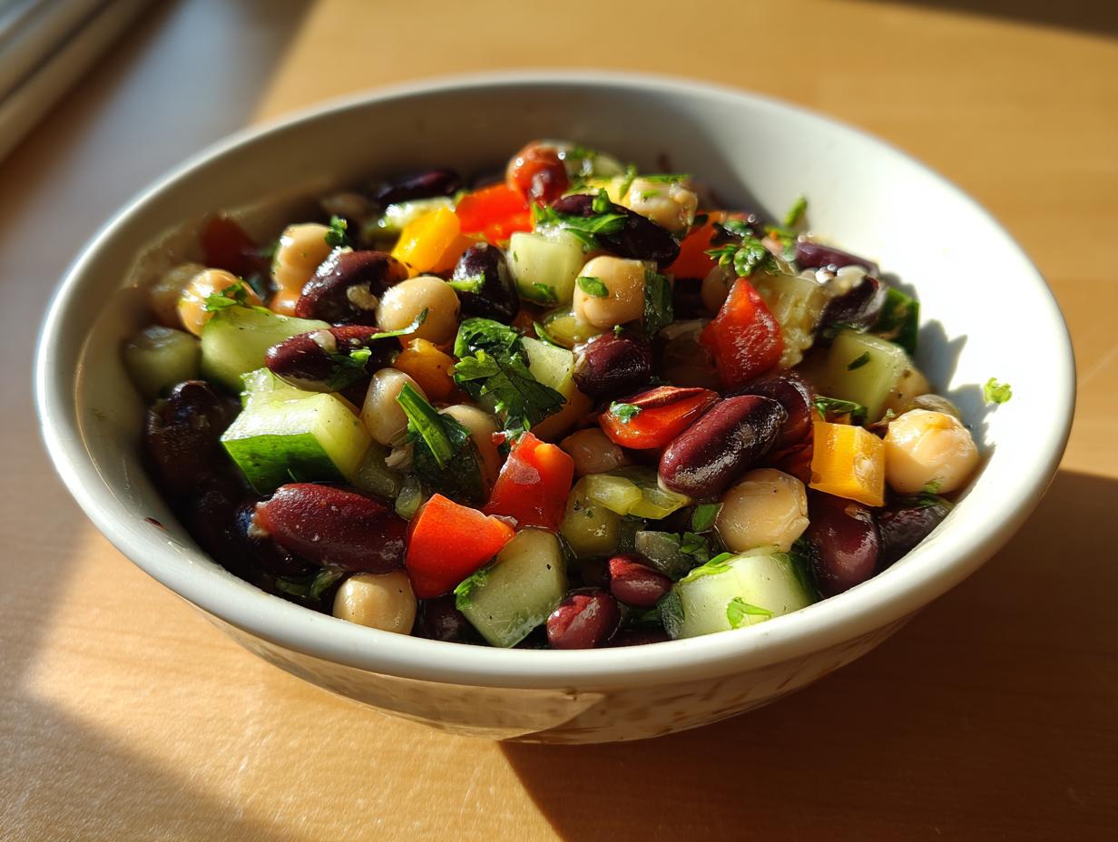 Close-up of a white bowl filled with a colorful dense bean salad featuring kidney beans, chickpeas, cucumber, and peppers.
