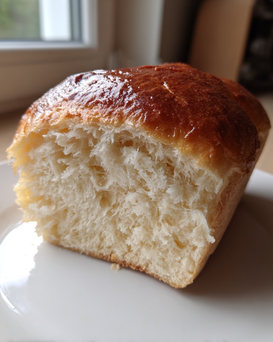 Close-up of a slice showing the fluffy, white interior crumb of the condensed milk bread.