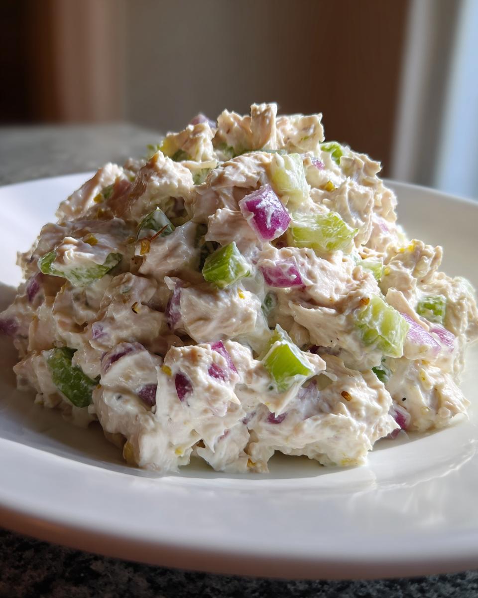 A mound of creamy cottage cheese tuna salad mixed with bright green celery and purple onion chunks on a white plate.