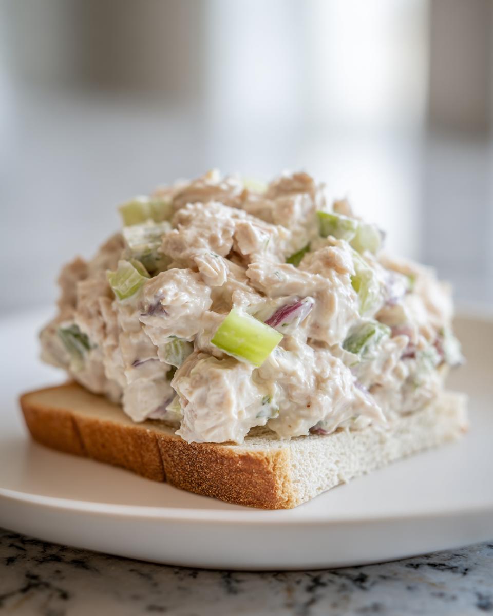 A generous scoop of creamy cottage cheese tuna salad with celery and red onion served open-faced on white bread.