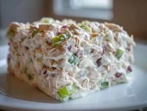 A thick, molded serving of creamy cottage cheese tuna salad mixed with diced celery and red onion on a white plate.