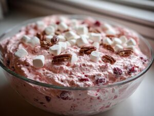 A close-up of a fluffy pink cranberry salad topped with mini marshmallows and pecans in a clear glass bowl.