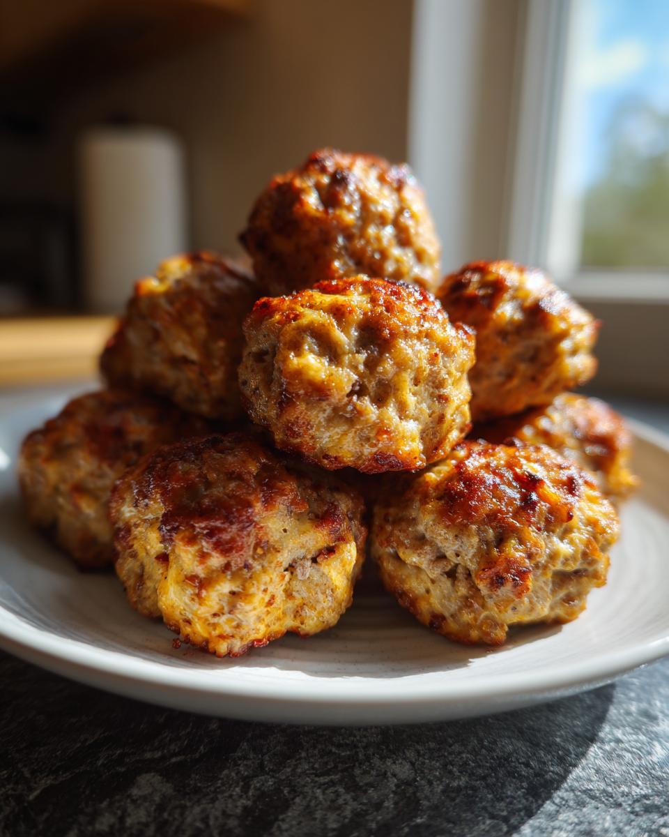 A stack of golden brown, freshly baked cream cheese sausage balls piled high on a white plate.