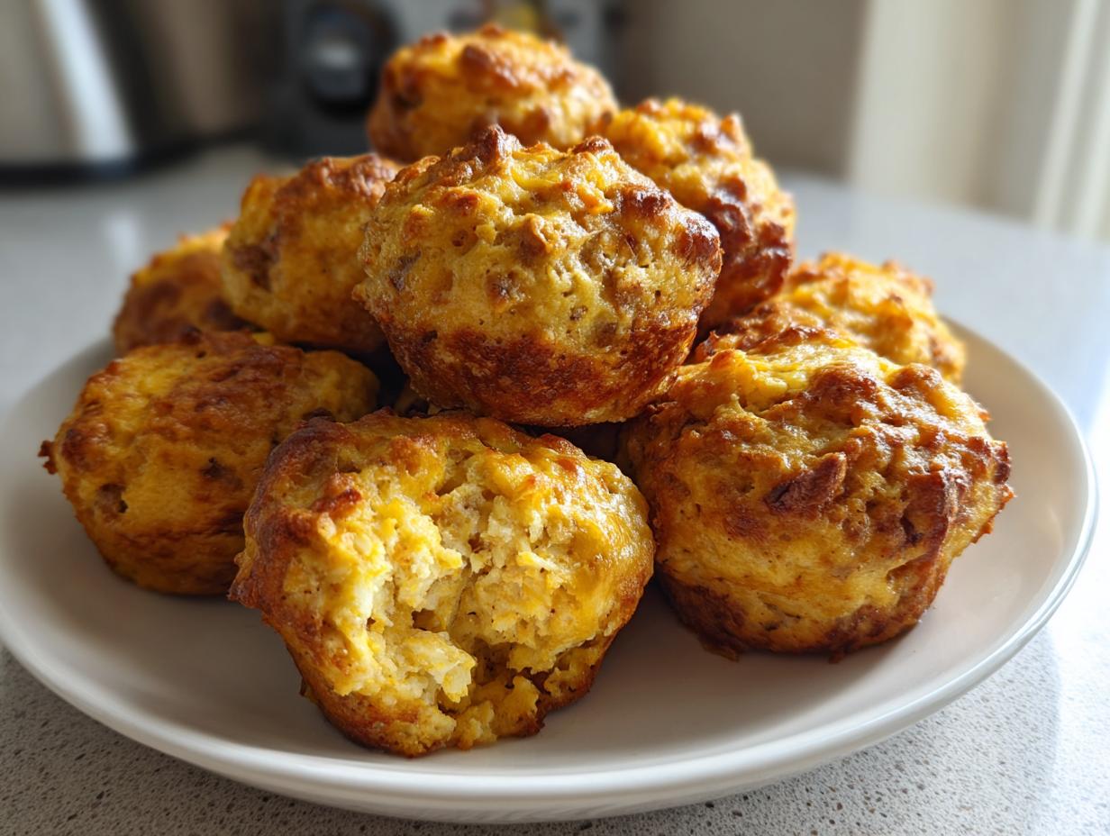 A stack of golden brown cream cheese sausage balls piled high on a white plate.