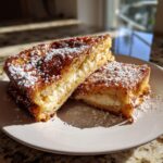 Two halves of golden brown cream cheese stuffed french toast dusted heavily with powdered sugar.