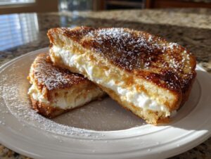 Two halves of golden brown cream cheese stuffed french toast dusted with powdered sugar on a white plate.