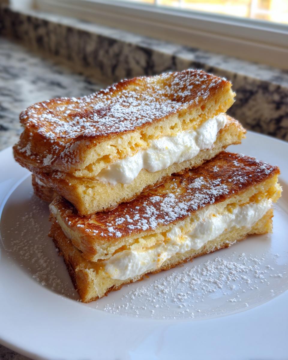 Two stacked slices of golden brown cream cheese stuffed french toast dusted with powdered sugar.