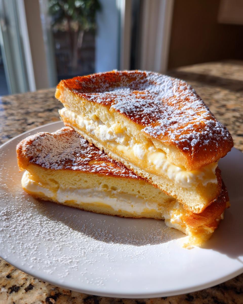Two halves of golden brown cream cheese stuffed french toast stacked and dusted with powdered sugar.