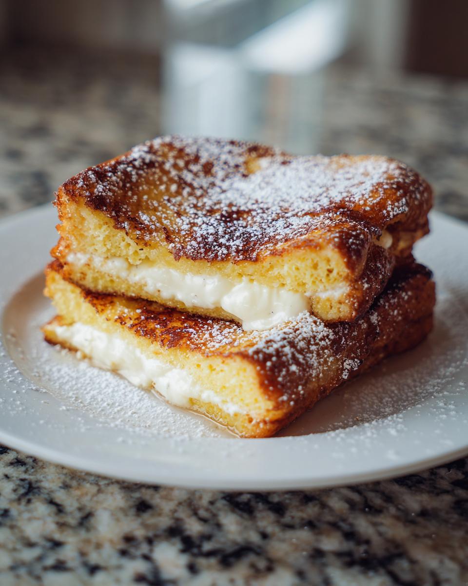Two slices of golden brown cream cheese stuffed french toast stacked and dusted with powdered sugar.