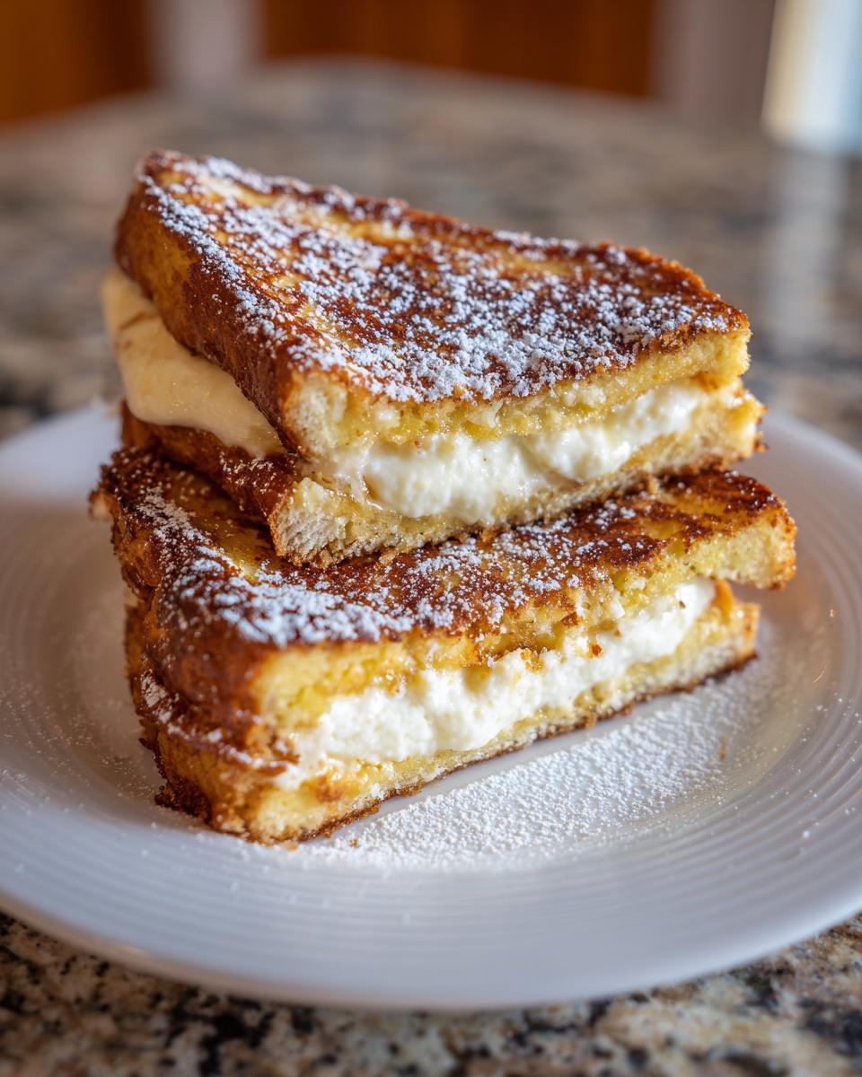 Two halves of golden brown cream cheese stuffed french toast stacked and dusted with powdered sugar.