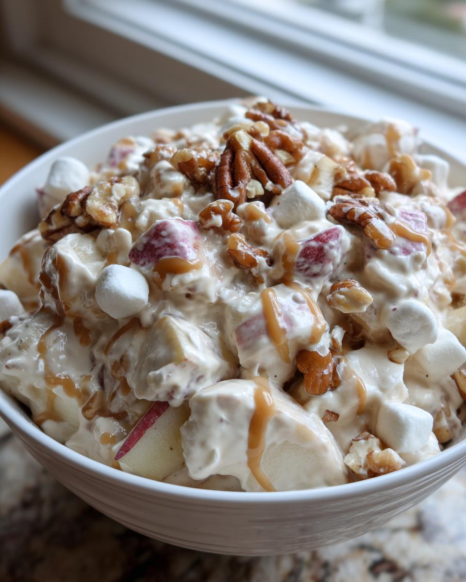 Close-up of a creamy apple salad featuring chunks of apple, marshmallows, pecans, and a caramel drizzle.