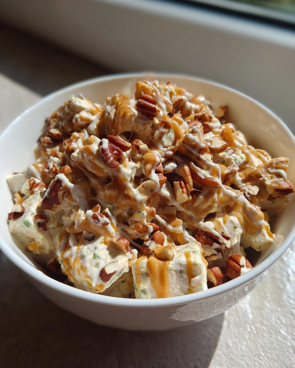 Close-up of a creamy apple salad topped with pecans and drizzled with caramel sauce.