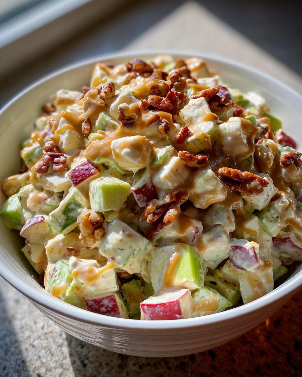 Close-up of a creamy apple salad featuring diced red and green apples, topped with pecans and a caramel drizzle.