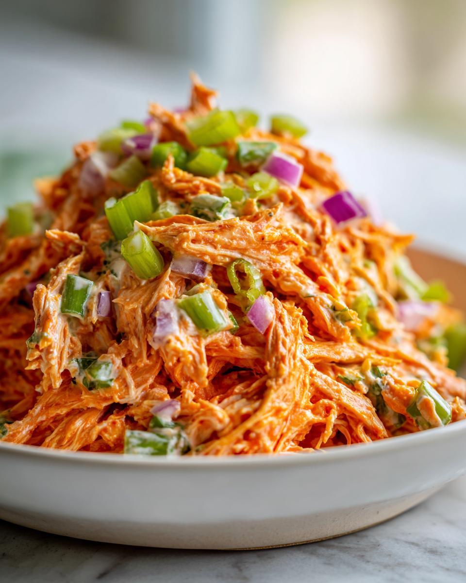 A close-up shot of a bowl piled high with vibrant orange buffalo chicken salad, topped with chopped green onions and red onion.