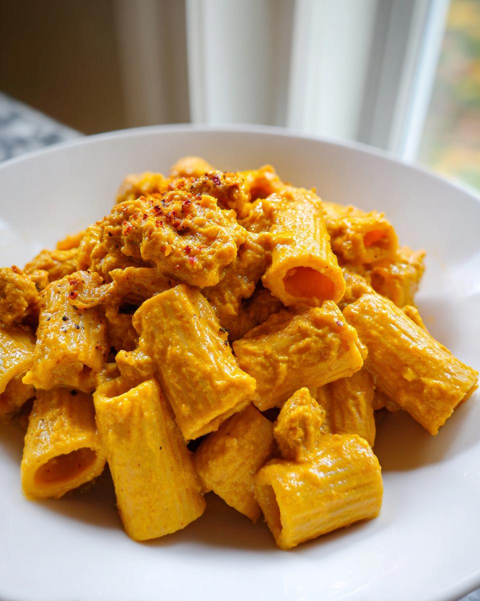 Close-up of rigatoni pasta coated in a rich, orange butternut squash pasta sauce, served in a white bowl.