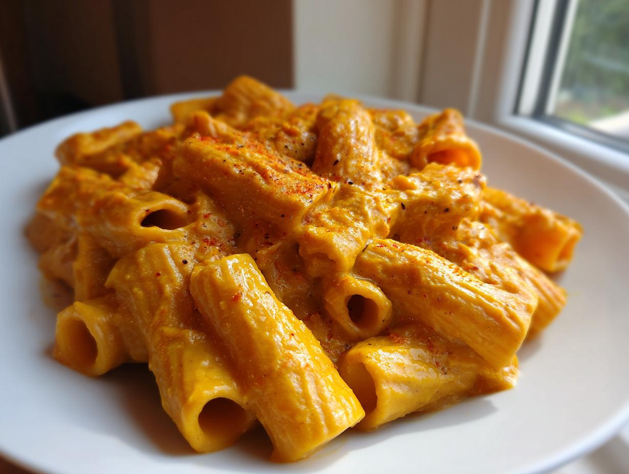 Close-up of creamy butternut squash pasta (rigatoni) coated in an orange sauce, sprinkled with paprika.