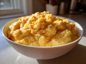 Close-up of a white bowl filled with fluffy, bright yellow, creamy cheese grits.