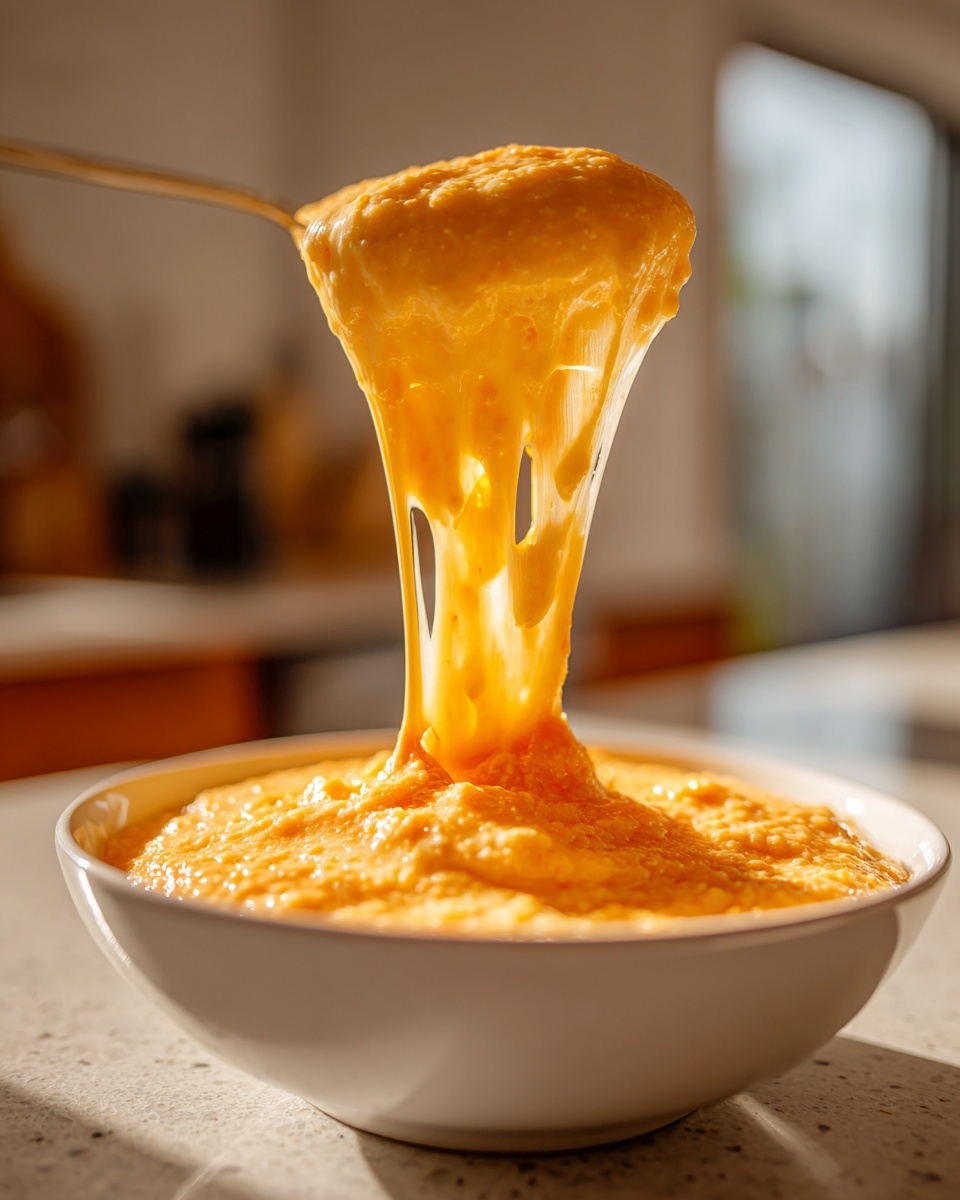 A spoonful of creamy, orange cheese grits being lifted, showing a dramatic cheese pull from the bowl.