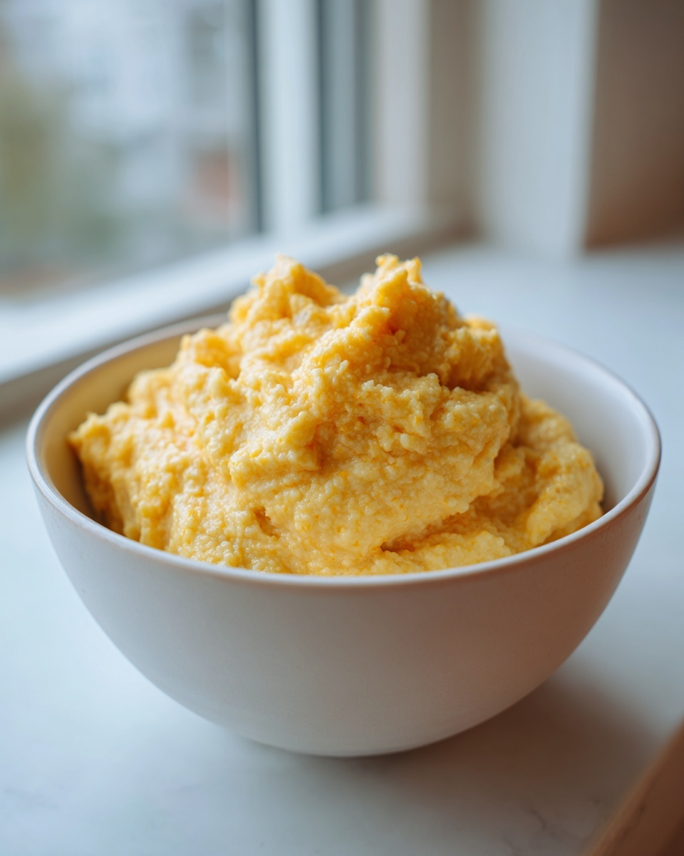 A close-up shot of a white bowl filled with fluffy, bright yellow, creamy cheese grits.