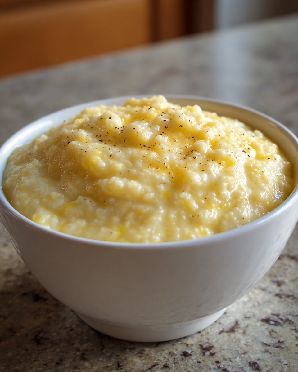 A white bowl filled with creamy, yellow cheese grits topped with melted butter and cracked black pepper.