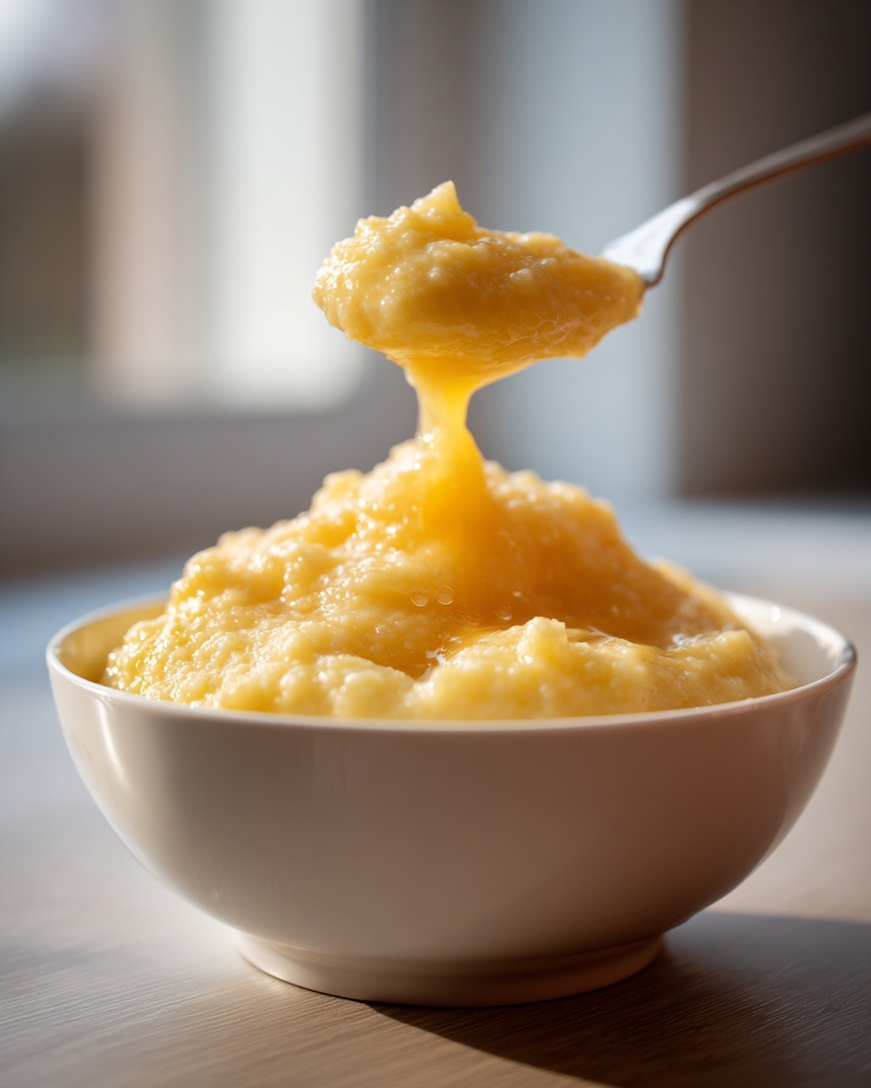 A spoonful of creamy, yellow cheese grits is lifted from a white bowl, showing the rich texture.