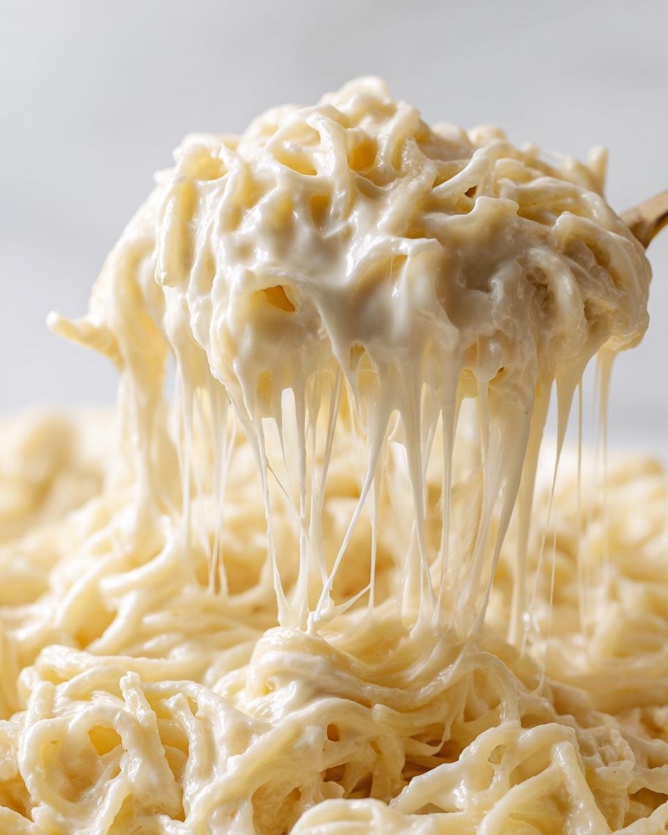 Close-up of creamy protein pasta being lifted, showing long, stretchy cheese pulls.