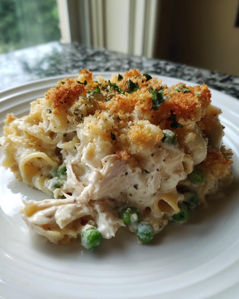 A close-up serving of creamy chicken noodle casserole with peas and a crispy breadcrumb topping.