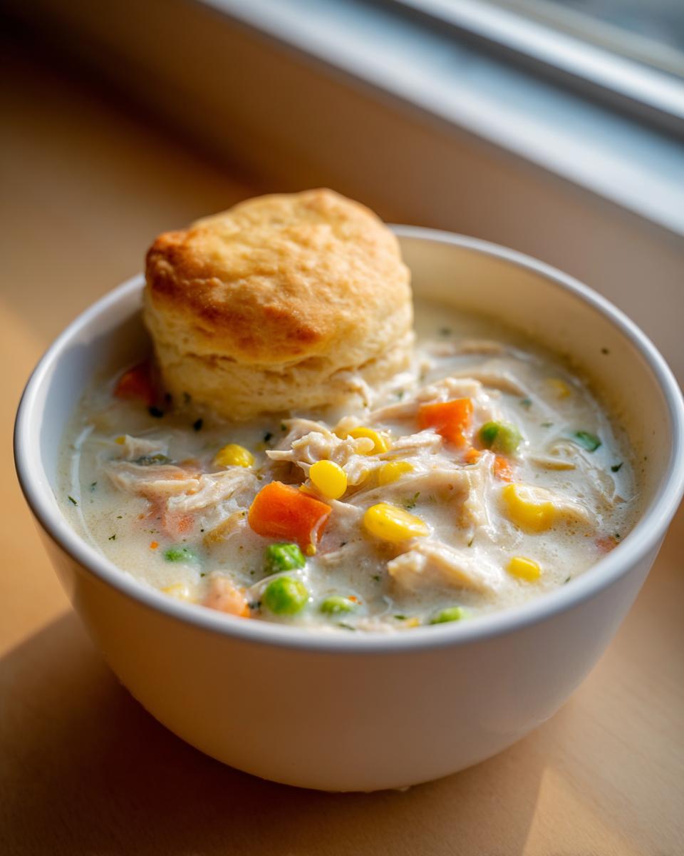 A white bowl filled with creamy chicken pot pie soup topped with a golden biscuit.
