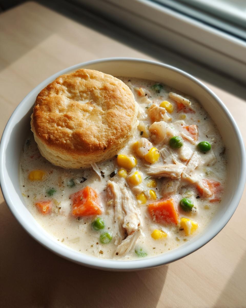 A bowl of creamy chicken pot pie soup topped with a golden biscuit, featuring chicken, carrots, peas, and corn.