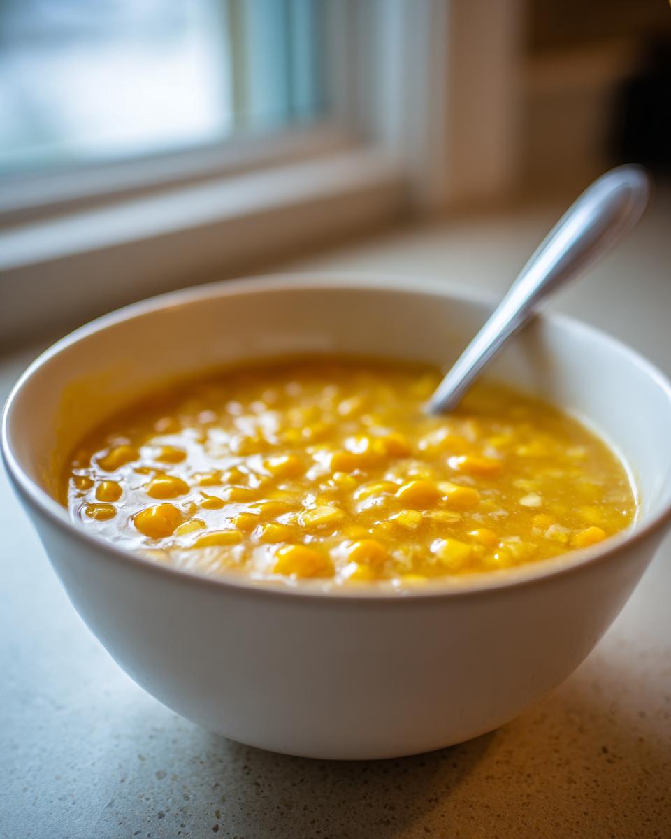Close-up of a white bowl filled with thick, creamy corn soup, featuring whole kernels, with a spoon resting inside.