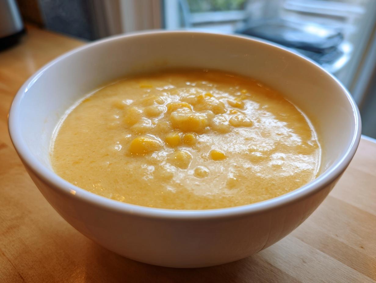 Close-up of a white bowl filled with thick, creamy corn soup featuring whole corn kernels.