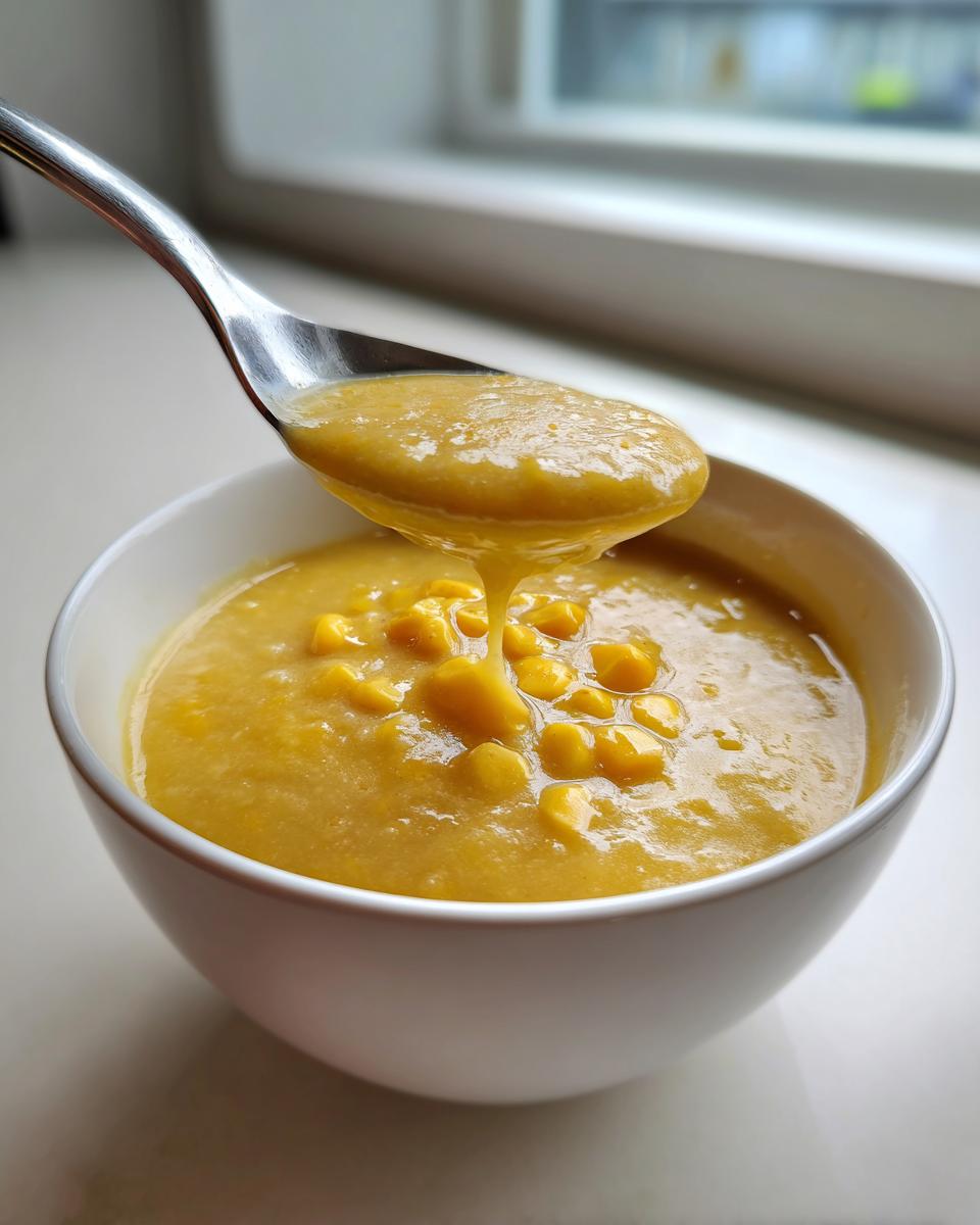 A spoonful of thick, creamy corn soup being lifted from a white bowl, showing whole kernels in the corn soup.