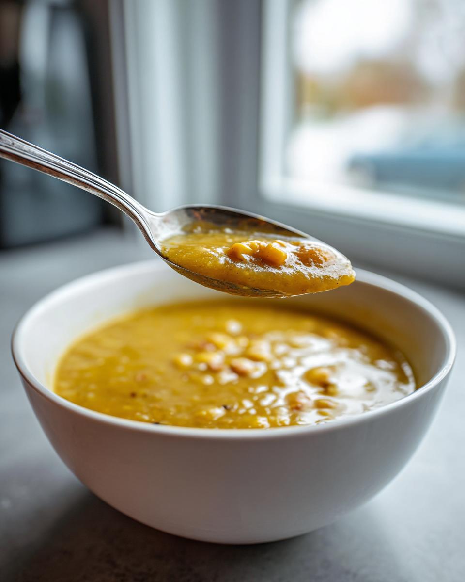 A spoonful of creamy corn soup being lifted from a white bowl, showing texture and whole corn kernels.