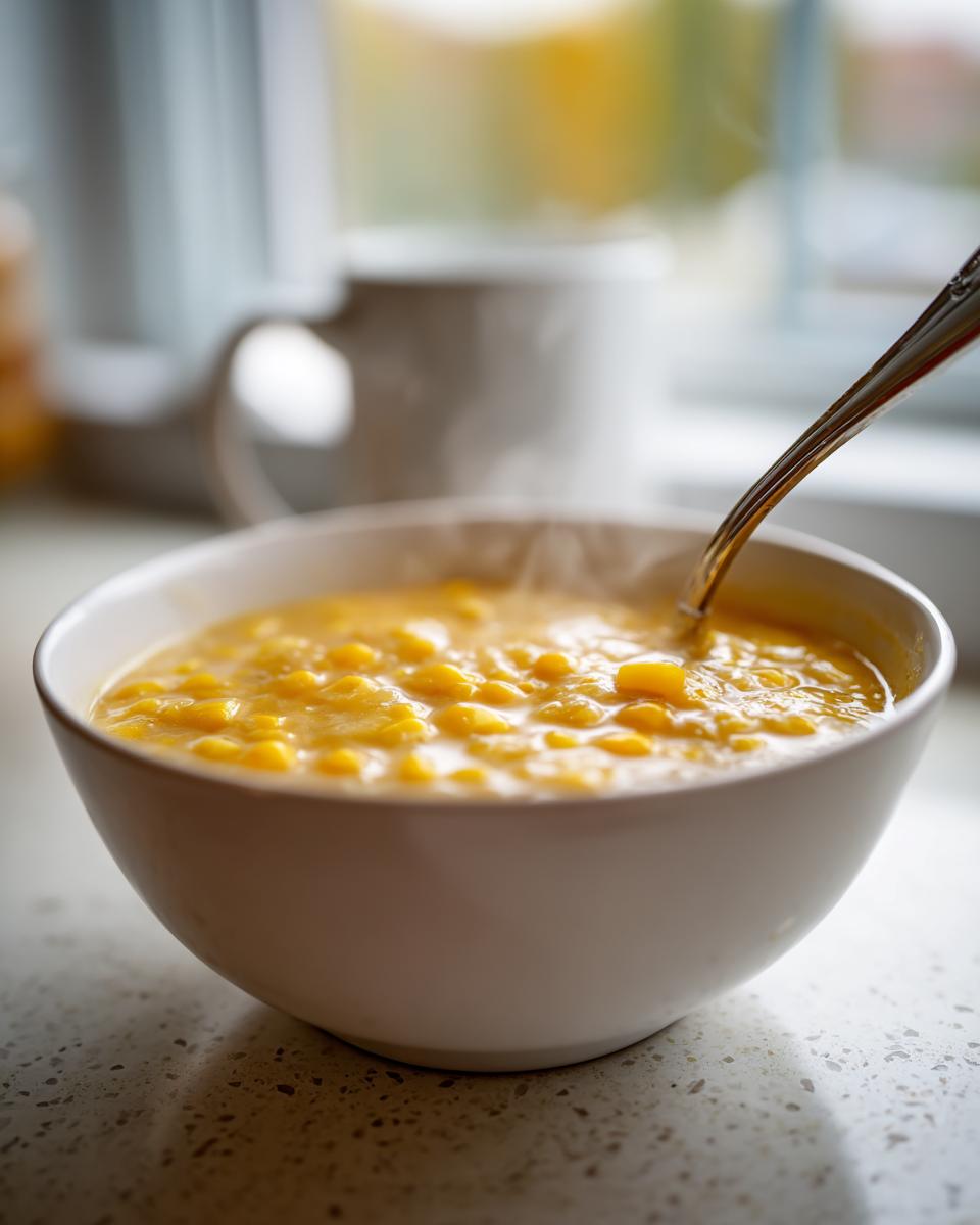 A white bowl filled with hot, creamy corn soup, showing whole corn kernels, with a spoon dipping in.