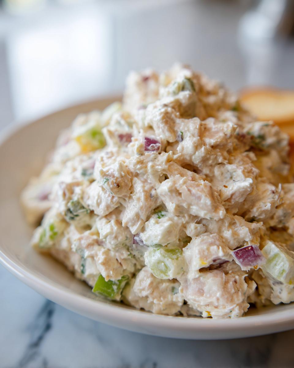 Close-up of creamy cottage cheese tuna salad mixed with celery and red onion served in a white bowl.