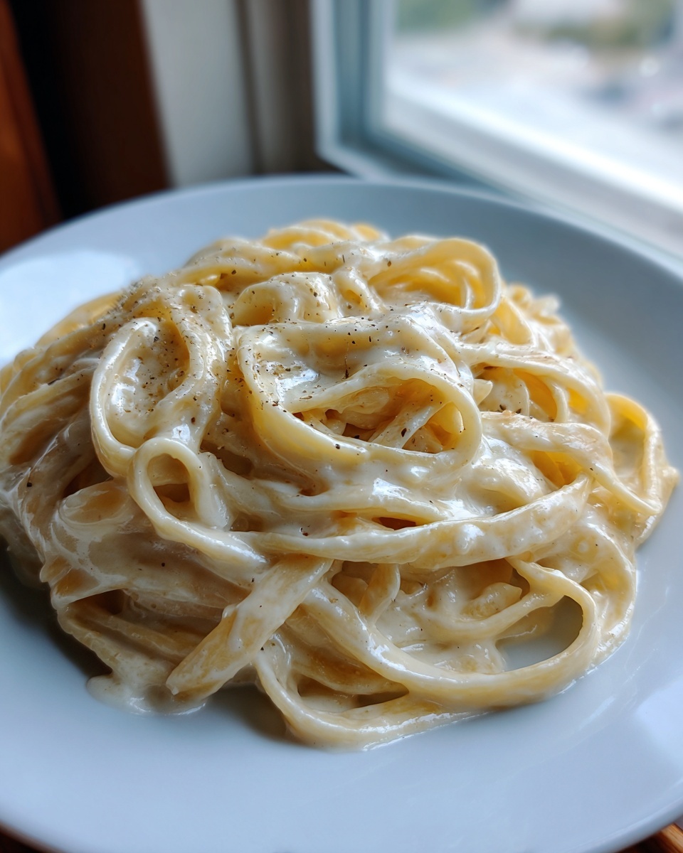 Close-up of fettuccine pasta coated in rich, creamy Olive Garden Alfredo sauce and topped with black pepper.