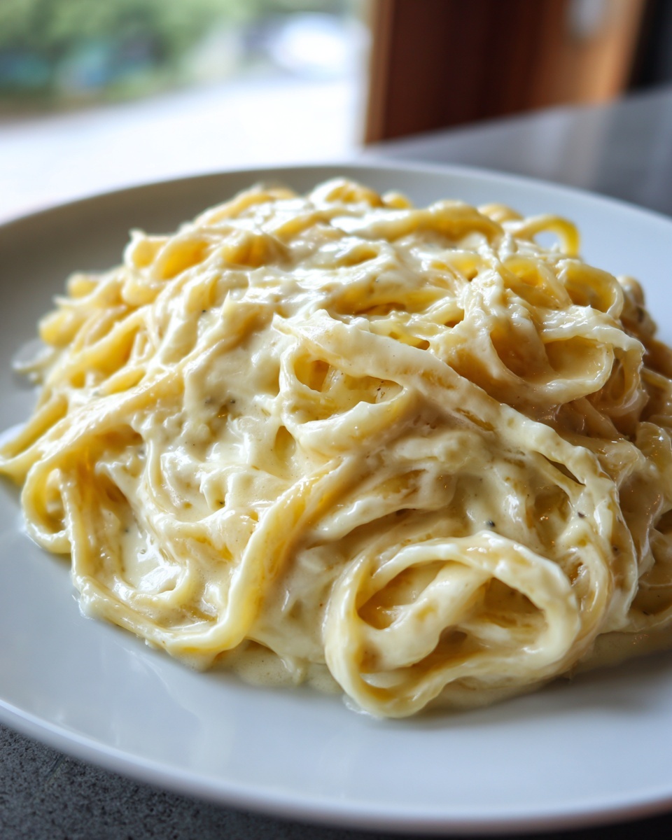 Close-up of fettuccine pasta generously coated in rich, creamy Olive Garden Alfredo sauce on a white plate.