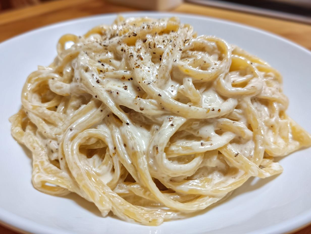 Close-up of spaghetti noodles coated in creamy cottage cheese alfredo sauce and topped with black pepper.
