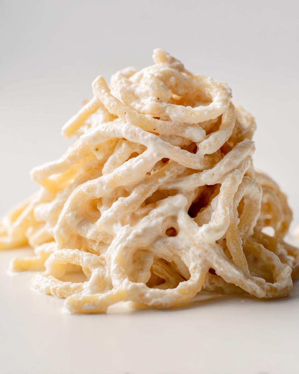Close-up of a neat mound of protein pasta coated in a thick, creamy white sauce.