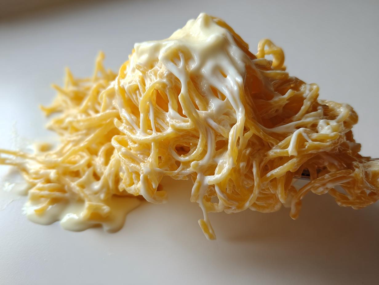Close-up of a fork lifting a mound of yellow protein pasta heavily coated in a thick, white creamy sauce.