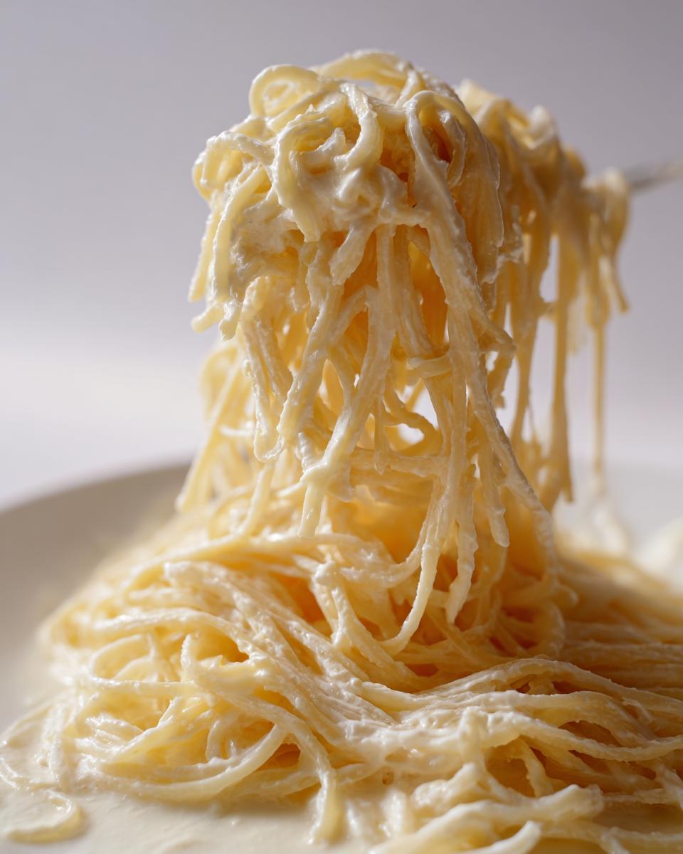 Close-up of creamy protein pasta being lifted from a plate, showing thick sauce coating the strands.