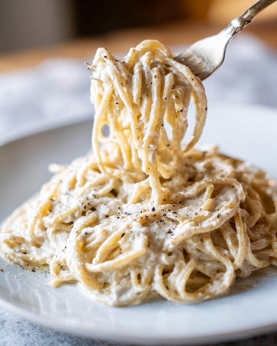 A fork lifts creamy spaghetti coated in cottage cheese alfredo sauce, seasoned with black pepper.
