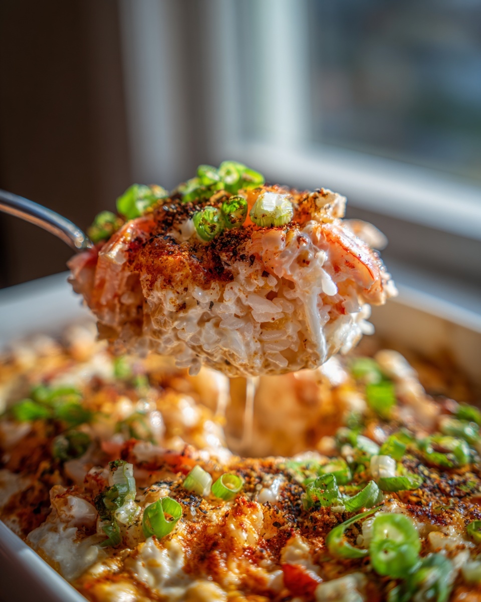 A spoonful of creamy sushi bake being lifted from a casserole dish, topped with furikake and sliced green onions.