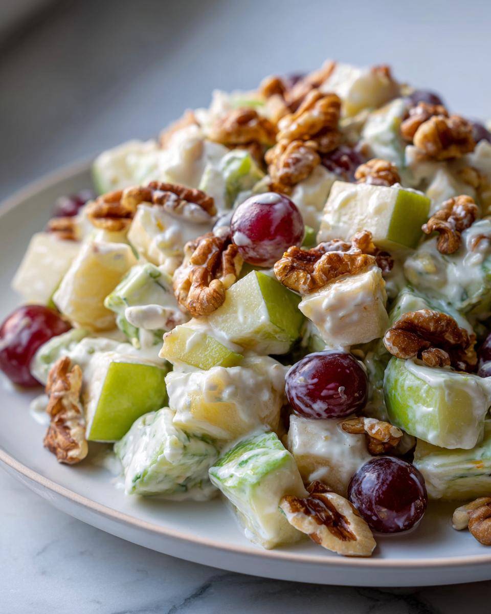 A close-up of a creamy waldorf salad featuring diced apples, red grapes, and crunchy walnuts.