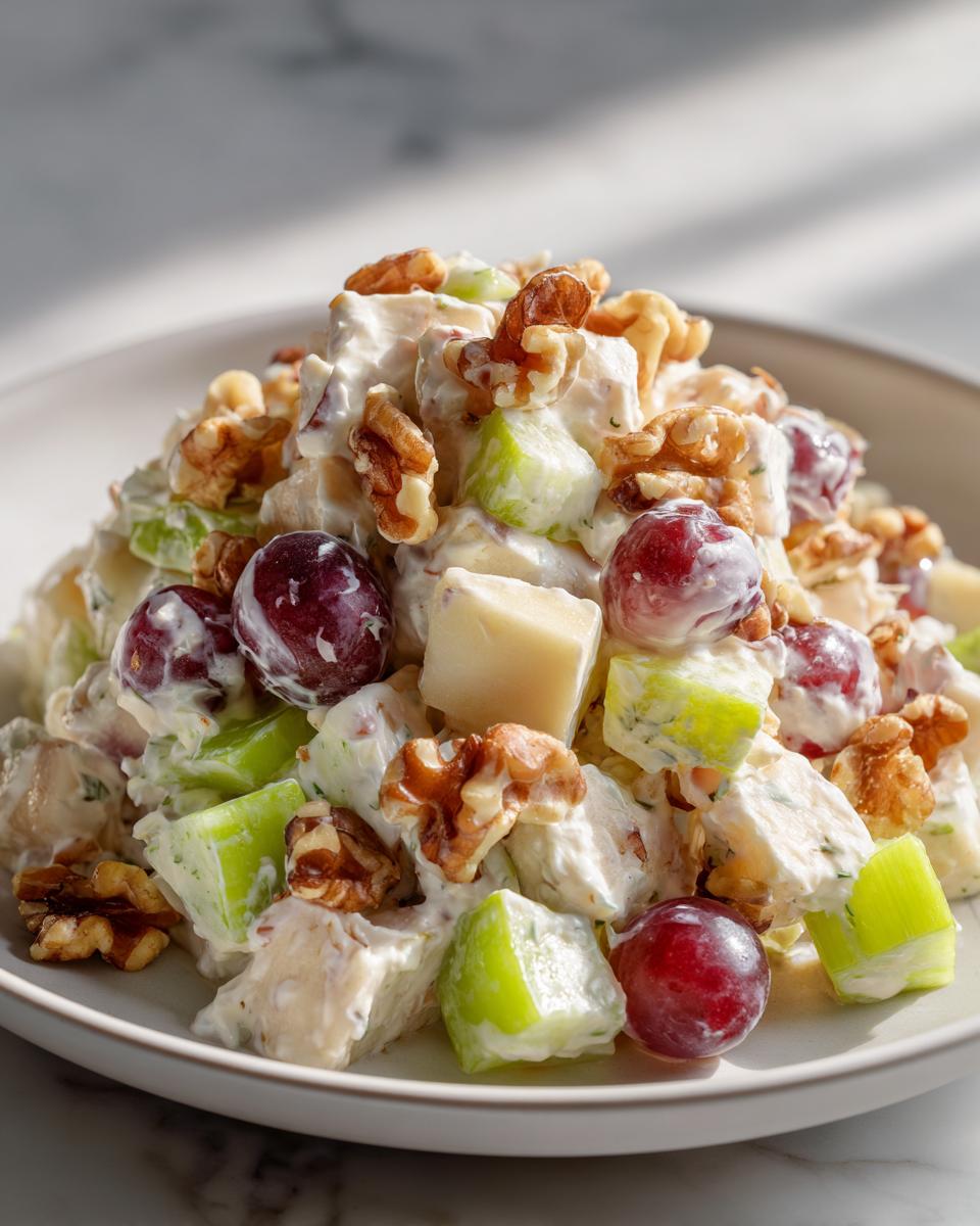 A close-up of a creamy waldorf salad featuring chunks of apple, red grapes, walnuts, and cheese.