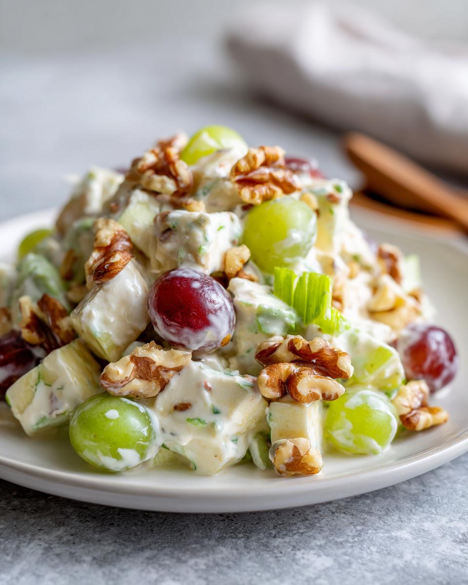A close-up of a creamy waldorf salad featuring grapes, celery, apples, and topped with walnuts.