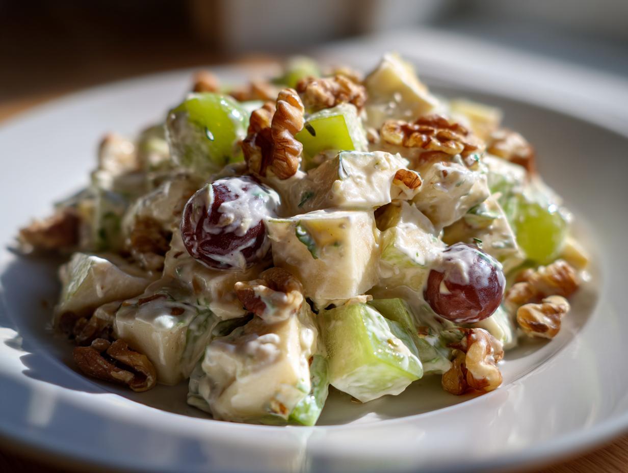 A close-up, appetizing serving of waldorf salad featuring apples, grapes, walnuts, and creamy dressing on a white plate.