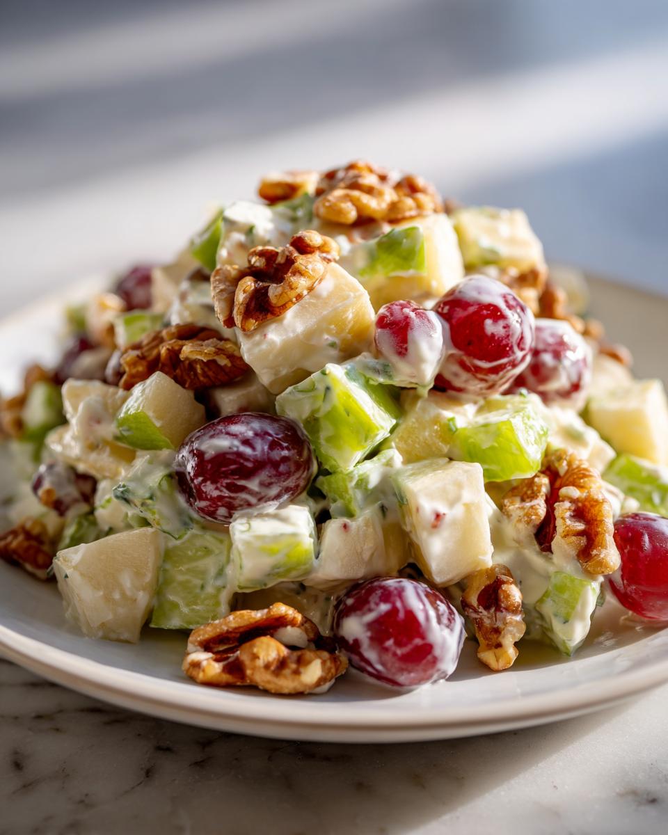 A close-up of a serving of waldorf salad featuring diced apples, green celery, red grapes, and walnuts coated in a creamy dressing.