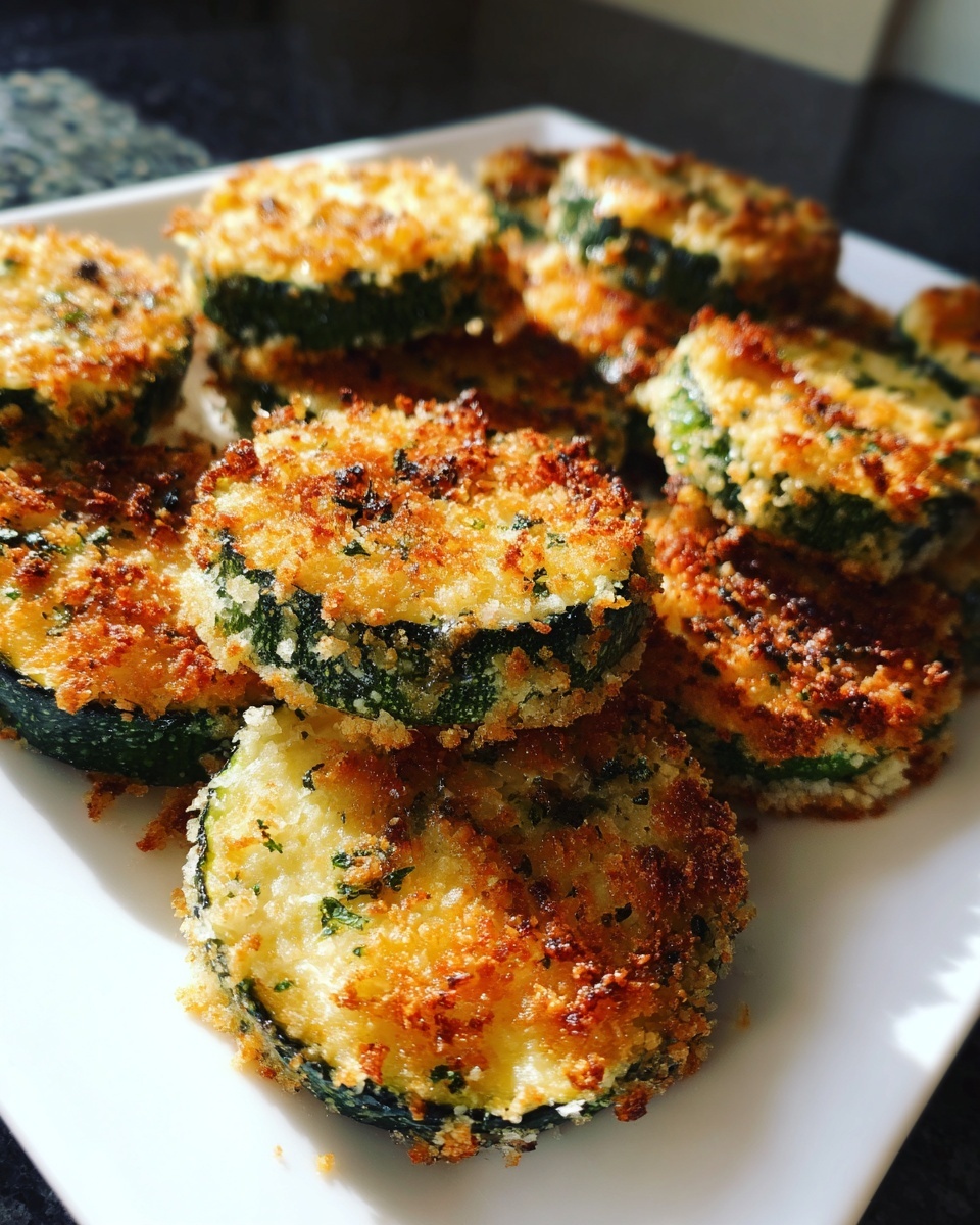 Close-up of golden brown, crispy baked parmesan zucchini slices stacked on a white plate.