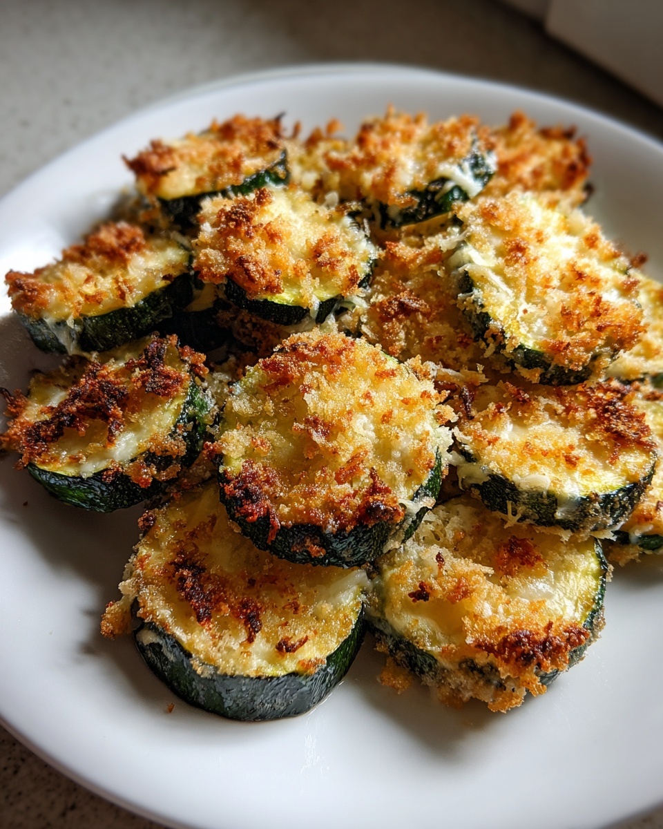 Close-up of crispy baked parmesan zucchini slices piled on a white plate, showing golden brown topping.
